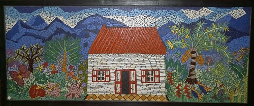 Tableau en mosaïque représentant un paysage de l'île de La Réunion fait en Emaux de Briare